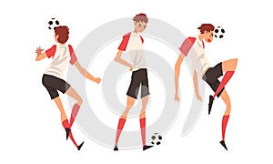 Young Man in Boots and Knee-highs Playing Football or Soccer Moving the Ball Around Pitch Scoring Goals Vector Set