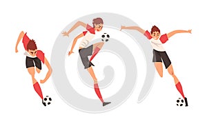 Young Man in Boots and Knee-highs Playing Football or Soccer Moving the Ball Around Pitch Scoring Goals Vector Set