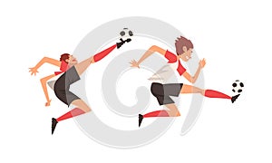 Young Man in Boots and Knee-highs Playing Football or Soccer Moving the Ball Around Pitch Scoring Goals Vector Set