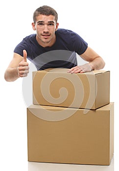 A young man with a box shows the finger to the top