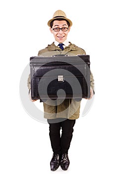 Young man with briefcase isolated on white