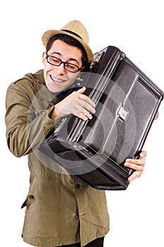 Young man with briefcase isolated on white