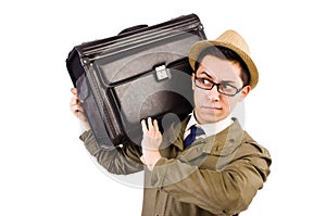 Young man with briefcase isolated on white