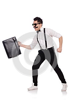 Young man with briefcase isolated on white