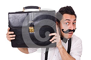 Young man with briefcase isolated on white