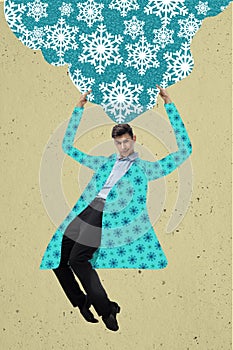 Young man in bright coat holds a snowdrift overhead isolated on light background. Contemporary art collage.