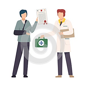 Young Man with Broken Arm Holding Health Benefits Document Vector Illustration