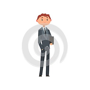 Young man in business suit with briefcase cartoon vector Illustration on a white background.