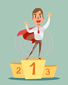 Young man in a business suit and red cape superhero standing on the winning podium . Business concept of leadership and