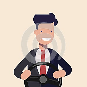 Young man or businessman holding black steering wheel. Concept illustration of a novice driver. Driving instruction by