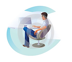 Young man, businessman sitting and working in the office at the computer. Vector illustration on white, modern design