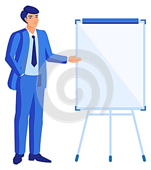 Young man businessman stands at flipchart and shows. Vector cartoon flat