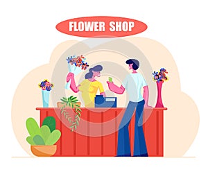 Young Man Buying Bouquet in Flower Shop. Saleswoman Giving Blossoms to Customer Visiting Floristic Store