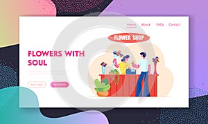 Young Man Buying Bouquet in Flower Shop Website Landing Page, Saleswoman Giving Blossoms to Customer Visiting Floristic Store