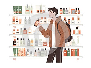 Young man buying shampoo in a duty free shop isolated on white background. Choosing perfume, shopping experience. Flat