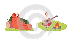 Young Man Camping Sitting in Sleeping Bag and Playing Guitar Near Campfire Vector Illustration Set