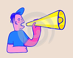 Young man in cap and t-shirt shouting into megaphone. Vector bright illustration on light beige background