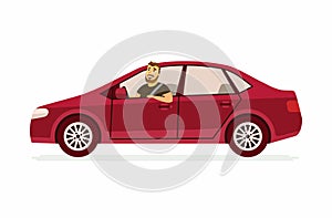 Young man in a car - cartoon people character isolated illustration