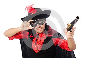 Young man in carnival coat with gun isolated on