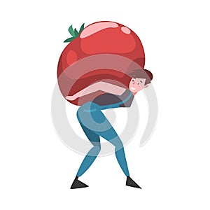 Young Man Carrying Big Ripe Red Tomato, Male Farmer Character with Natural Organic Vegetable Vector Illustration