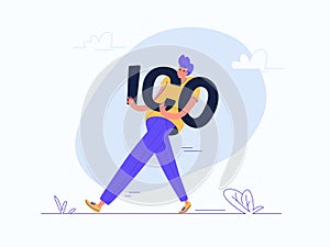 Young man carrying heavy ico letters