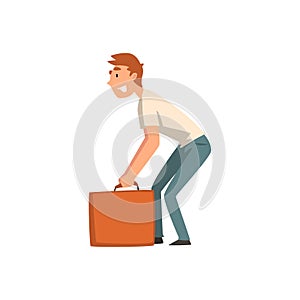 Young Man Carrying Heavy Suitcase, Guy Traveling on Vacation Vector Illustration