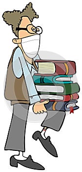 Young man carrying a stack of books and wearing a face mask.