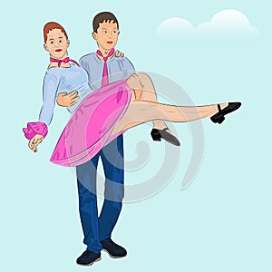 Young man carrying woman in his arms. Dance of romantic couple.