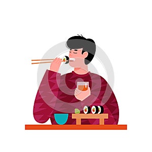 Young man cartoon character enjoying sushi flat vector illustration isolated.