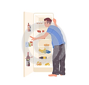 Young man cartoon character in pajamas searching for night snack looking at opened refrigerator