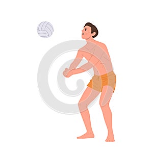 Young man cartoon character playing beach volleyball summer game isolated on white background