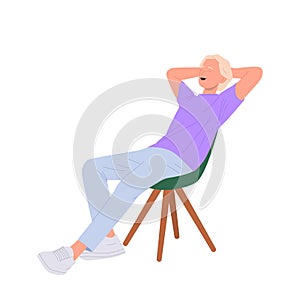 Young man cartoon character sitting on chair and enjoying procrastination, dreaming, sleeping