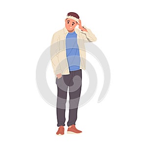 Young man cartoon character suffering from head injury wearing bandage isolated on white background