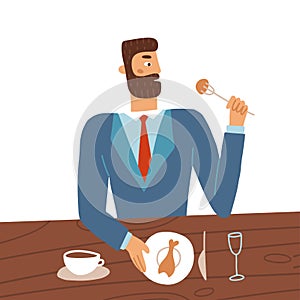 Young man cartoon character wearing suit eats sitting at cafe table. Flat vector illustration isolated on white photo