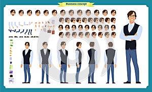 Young man in casual clothes. Character creation set. Full length, different views, emotions