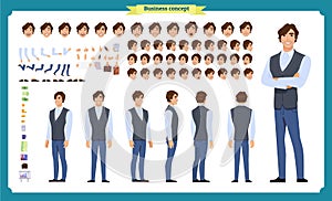 Young man in casual clothes. Character creation set. Full length, different views, emotions