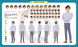 Young man in casual clothes. Character creation set. Full length, different views, emotions, gestures, isolated