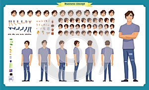 Young man in casual clothes. Character creation set. Full length, different views, emotions, gestures, isolated