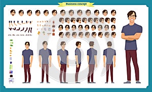 Young man in casual clothes. Character creation set. Full length, different views, emotions, gestures, isolated