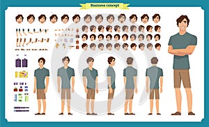 Young man in casual clothes. Character creation set. Full length, different views, emotions, gestures, isolated against