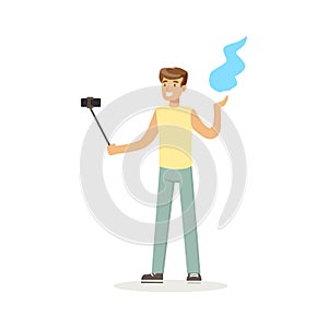 Young man in casual clothes making selfie with a selfie stick while dancing Indian dance colorful character vector