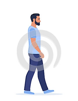 Young man in casual clothes walking forward, side view. Vector Illustration