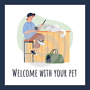 Young man with cat drinking coffee in pet friendly cafe, poster template flat vector illustration.