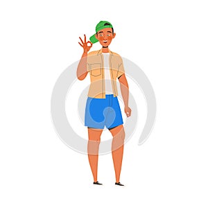 Young Man Character in Cap Showing Ok Hand Gesture Expressing Positive Emotion Vector Illustration