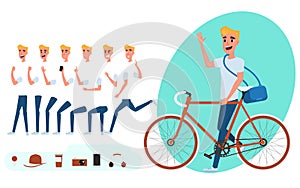 Young man character creation set for animation. Young man with bicycle. Parts body template. Different emotions and poses