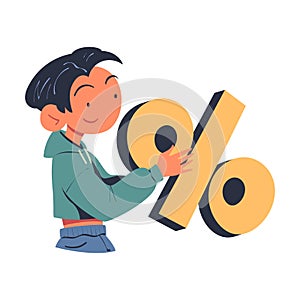 Young Man Character Enjoying Discount Holding Percentage Sign Vector Illustration