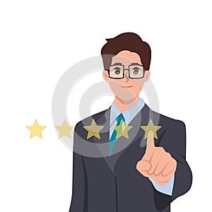 Young man character giving five star rating