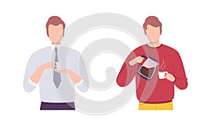 Young Man Character Holding Cup with Hot Coffee Drink Vector Set