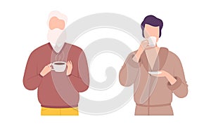 Young Man Character Holding Cup with Hot Coffee Drink Vector Set