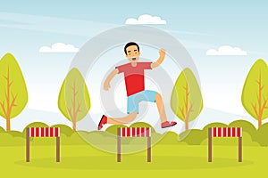 Young Man Character Hurdling in the Park Doing Sport and Physical Exercise Vector Illustration
